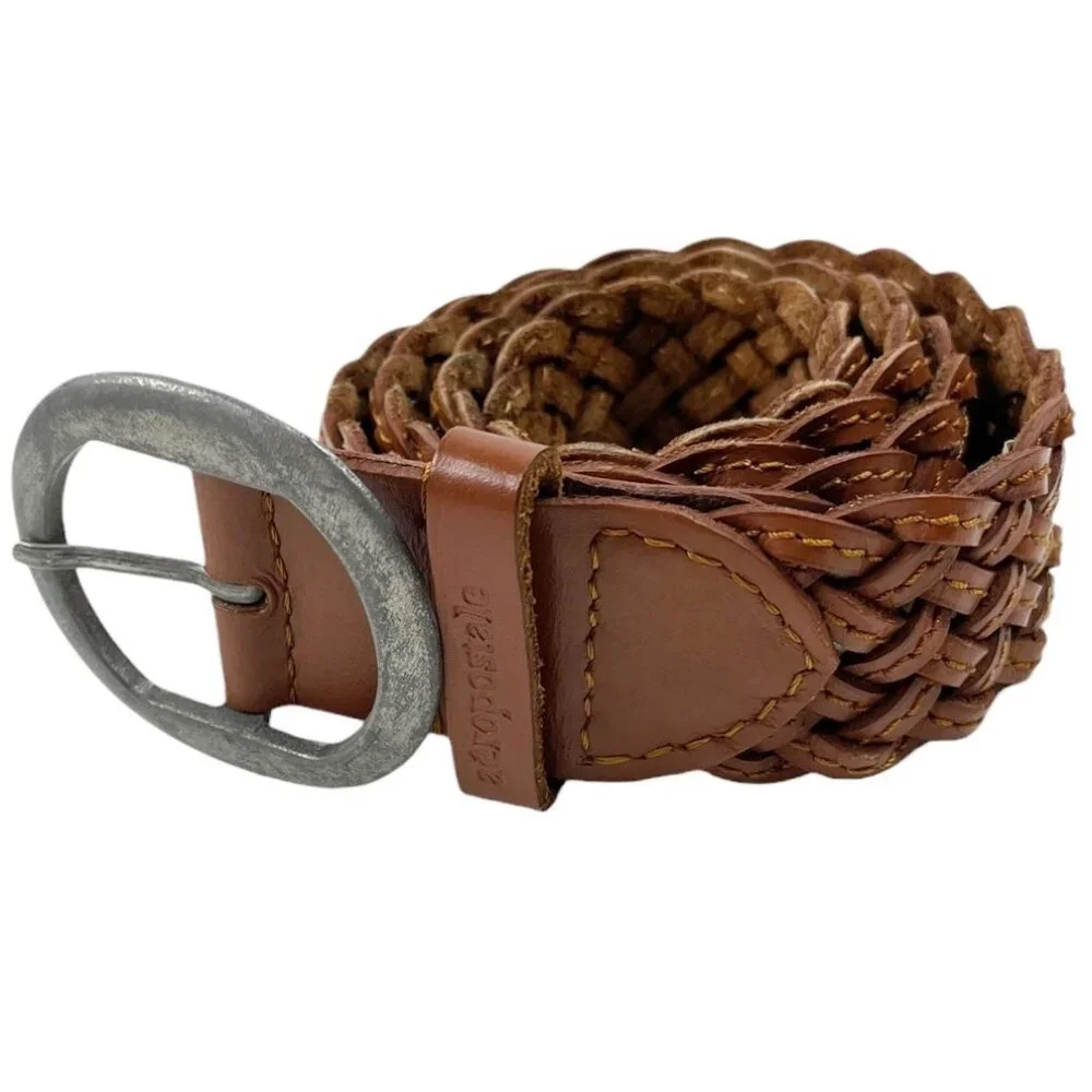 VTG Aeropostale Braided Leather Brown Belt Silvertone Buckle Logo Size Medium